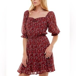 Trixxi Cottage Core Floral Clay Red Balloon Sleeve Mini Dress XL NWOT